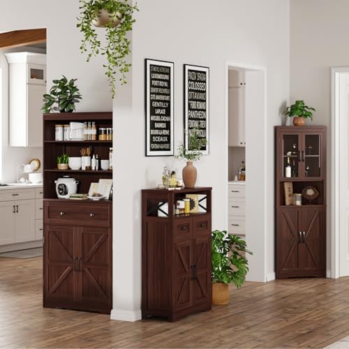 Dark Brown Farmhouse Storage Cabinet with Doors and Drawers, Small Pantry