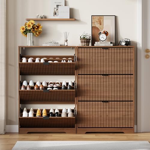 Shoe Cabinet Storage for Entryway with 3 Flip Drawers, Walnut Fluted Shoe Cab...