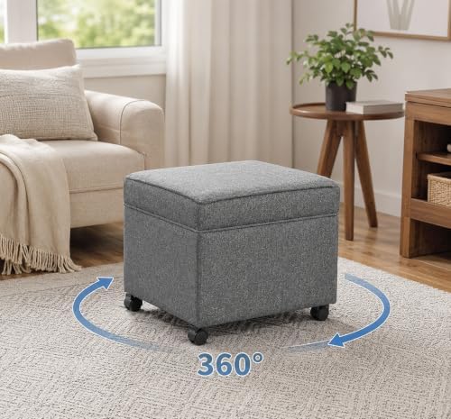 17" Square Storage Ottoman with Wheels, Upholstered Linen Movable Cube F...