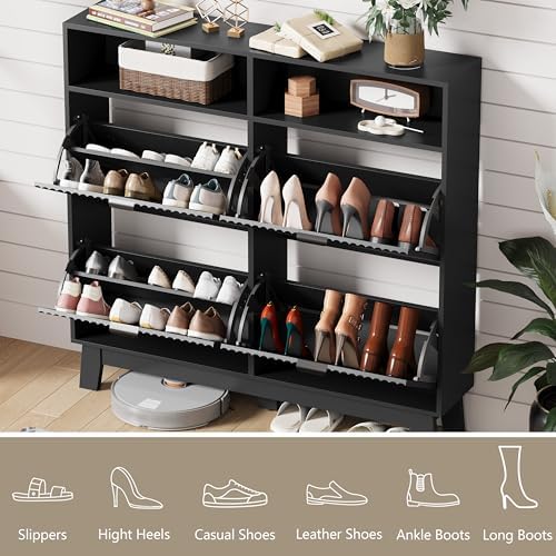 Shoe Cabinet Storage for Entryway with 4 Flip Drawers, Fluted Narrow Shoe Org...