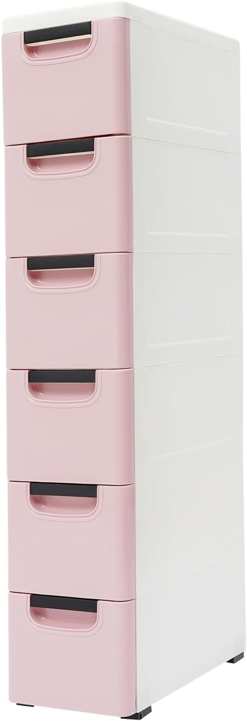 6 Drawers Narrow Slim Plastic Storage Cabinet,Storage Drawer with Wheels,6 Tier Drawers Dresser,Rolling Narrow Cabinet for Small Spaces Bathroom Kitchen Living Room,Pink