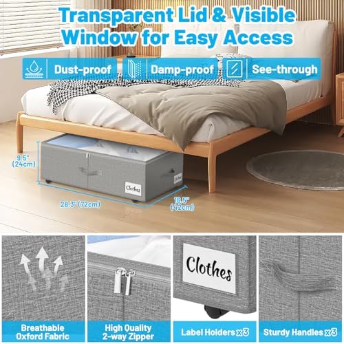 Under Bed Storage with Wheels, 3-Pack 10" Height XXL 75L Rolling Storage...