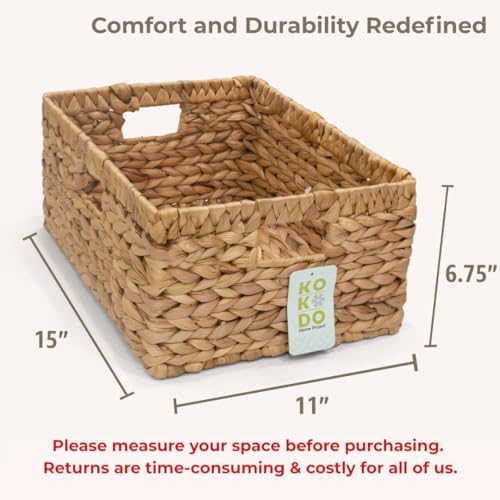 KOKODO 15”L x 11”W Large Rectangular Water Hyacinth Wicker Storage Basket wit...