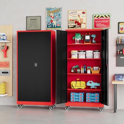 SISESOL 75" Tall Metal Storage Cabinet with Wheels,Rolling Garage Storag...