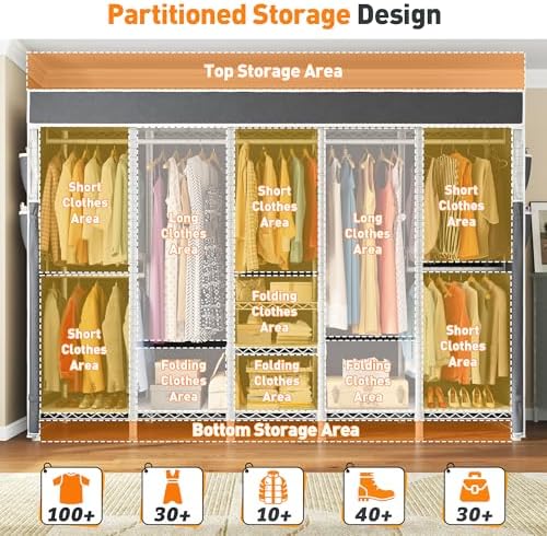 Raybee Clothes Rack with Cover, Portable Closet 1200LBS Adjustable Shelves