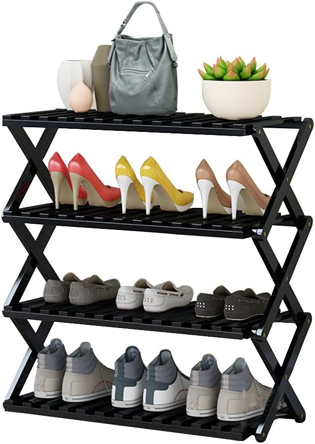 Shoe Rack Black Foldable Bamboo Shoe Stand for Entryway,Installation Free Shoe Shelf Space Saving Shoe Organizers and Storage-Black 70x25x69cm(28x10x27inch)