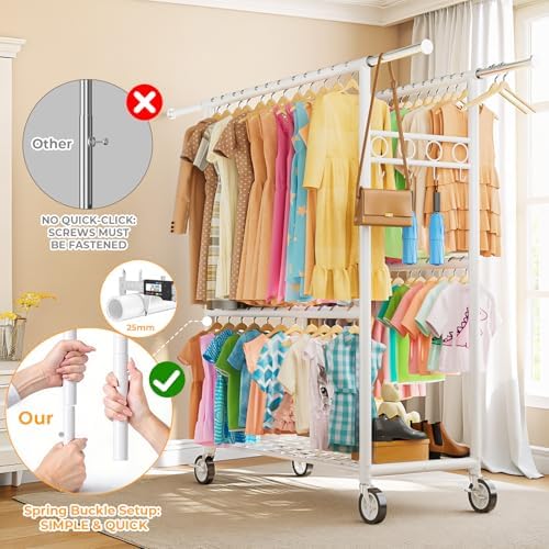 Heavy Duty Clothes Rack Load 1060LBS, Four Rods Rolling Clothing Racks for Ha...