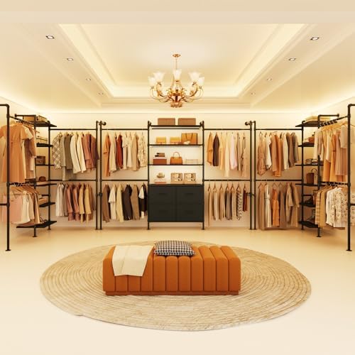 T1 Wall Mounted Closet System, Industrial Pipe Clothing Rack with 6 Wooden Sh...