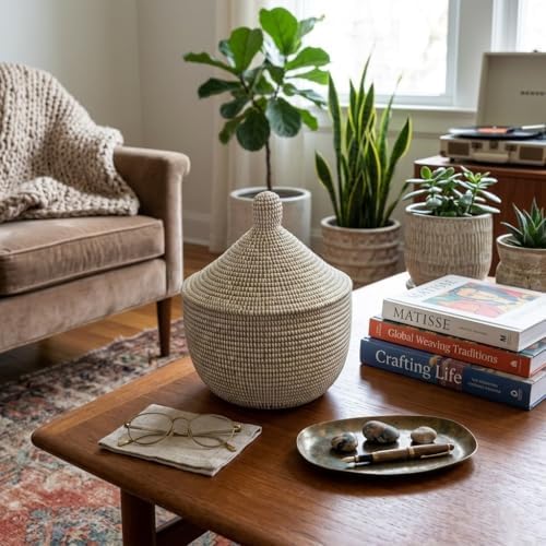 Handwoven Senegalese Basket with Lid Storage Organizer 14"D x 8.5"H