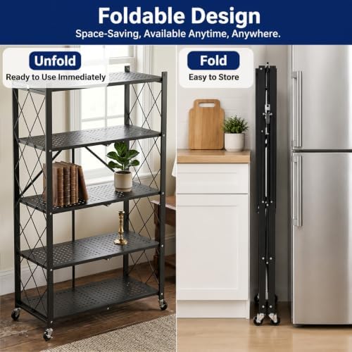 5-Tier Foldable Storage Shelves with Wheels, Heavy-Duty Metal Rolling Rack, N...