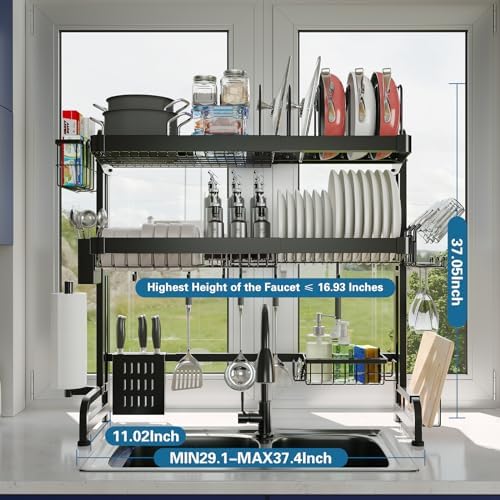 LIVOD Over The Sink Dish Drying Rack,3 Tier Adjustable Length Full Stainless ...