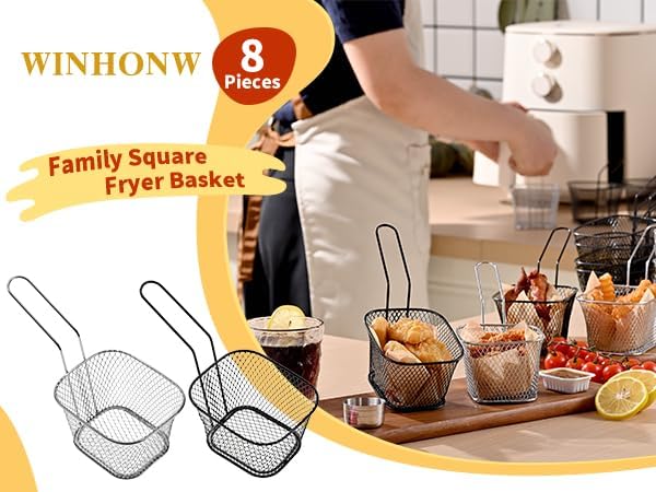 8pcs Mini Square Fry Baskets 4.1x3.3x2.6Inches, French fry basket Table Serving Fryer Baskets(black)