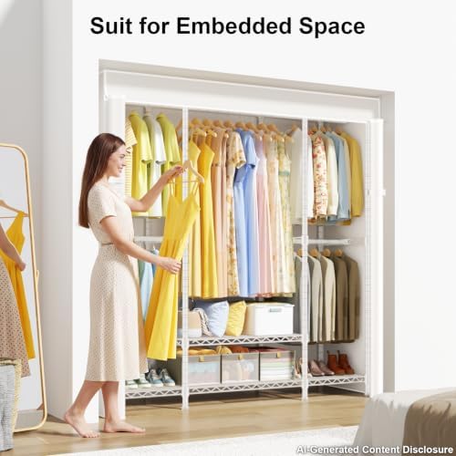 ULIFHOME E3C White Clothes Rack with Beige Cover, Heavy Duty Garment Rack