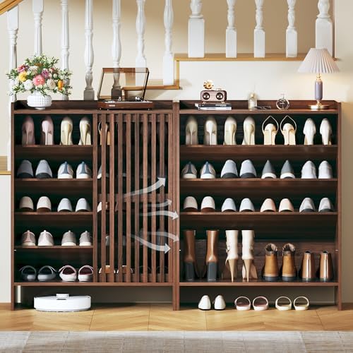 HUAHUU 5-Tier Shoe Cabinet with Sliding Shutter Doors, Wooden Shoe Storage Ca...