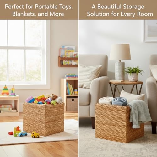 Rectangular Woven Laundry Basket with Lid, Handwoven Natural Autumn Rattan De...