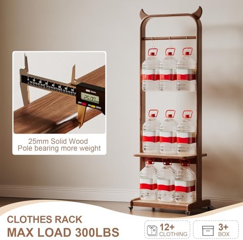 Solid Wood Clothing Racks with Shelves, Rolling Clothes Rack for Hanging Clot...