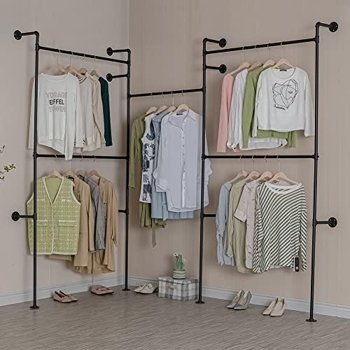 Industrial Pipe Clothes Rack, Heavy Duty Detachable Wall Mounted Black Iron G...