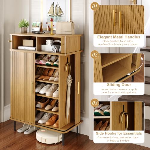 DreamDashio 5-Tier Shoe Cabinet with Sliding Tambour Door, Set of 2, Natura
