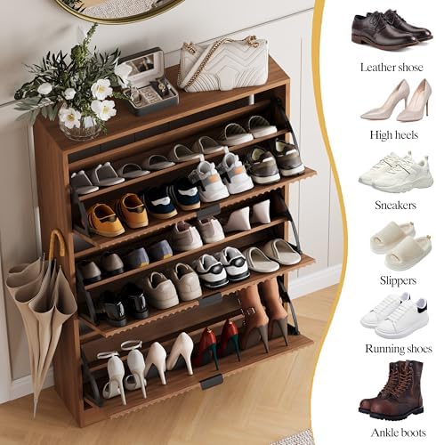 Shoe Cabinet Storage for Entryway with 3 Flip Drawers, Walnut Fluted Shoe Cab...