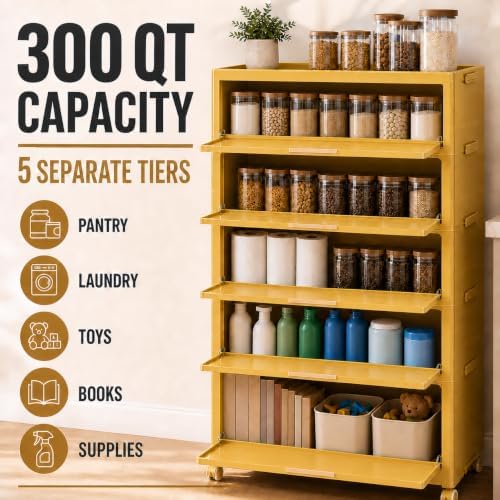 Foldable Storage Cabinet with Doors & Locking Wheels, 5-Tier Large-Capaci...