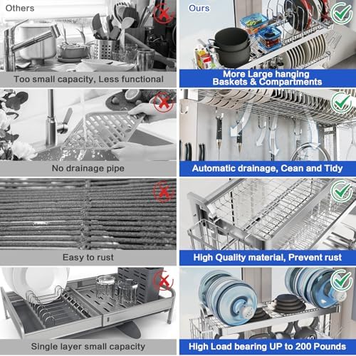 LIVOD Over The Sink Dish Drying Rack,3 Tier Adjustable Length Full Stainless ...