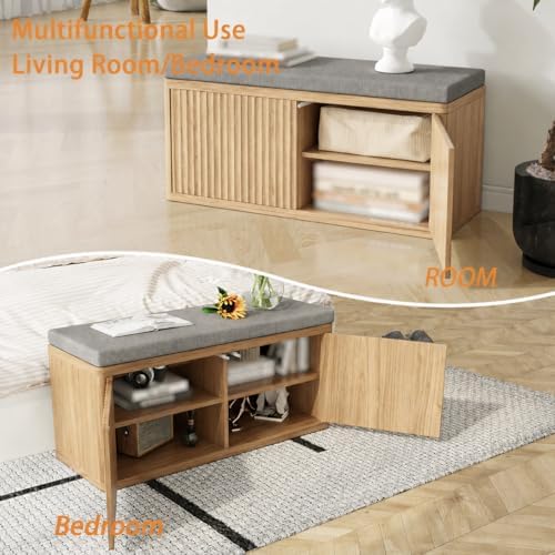 Shoe Bench with Cushion & Push-Open Doors,Double-Layered Storage,Oak