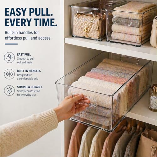 MOONEDGE 6 Pack Clear Organizer Bins 11x8x6in Pantry Organizers and Storage