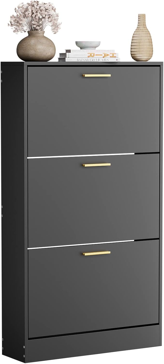 JOZZBY Shoe Cabinet, Black Shoe Cabinet with 3 Flip Drawer, Hidden Shoe Stora...