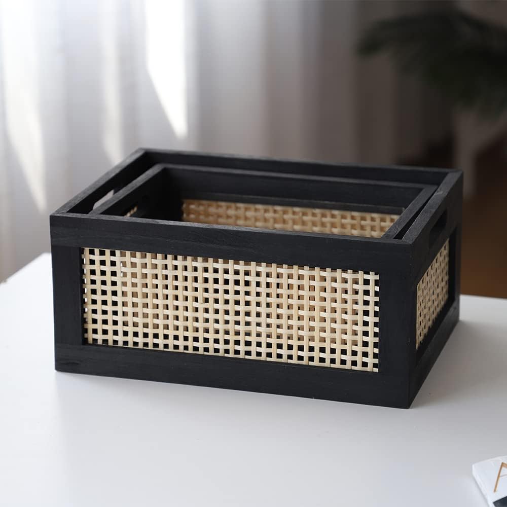 Wicker Wood Storage Baskets with Handle, Set of 2, Black