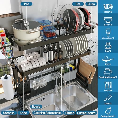 LIVOD Over The Sink Dish Drying Rack,3 Tier Adjustable Length Full Stainless ...