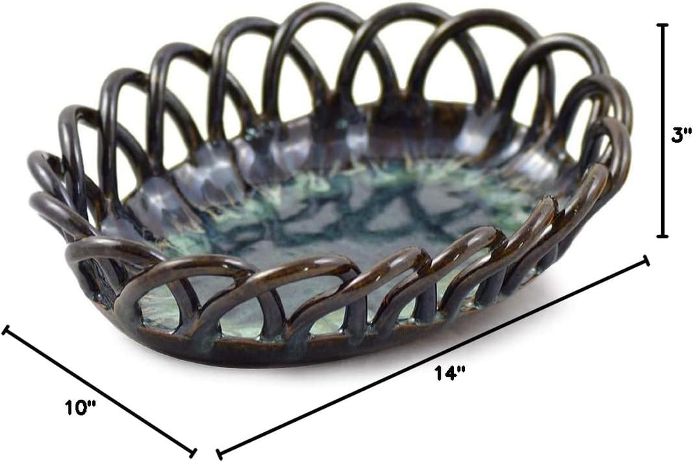 American Handmade Stoneware Pottery Woven Bread Basket in Midnight Blue