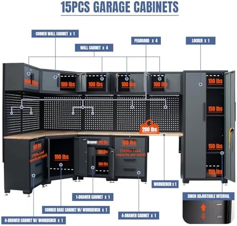 15-Piece Corner Garage Storage Cabinet System - Corner Workshop Set