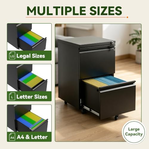 SAWJEC 2 Drawer Rolling File Cabinet Fully Assembled, Black