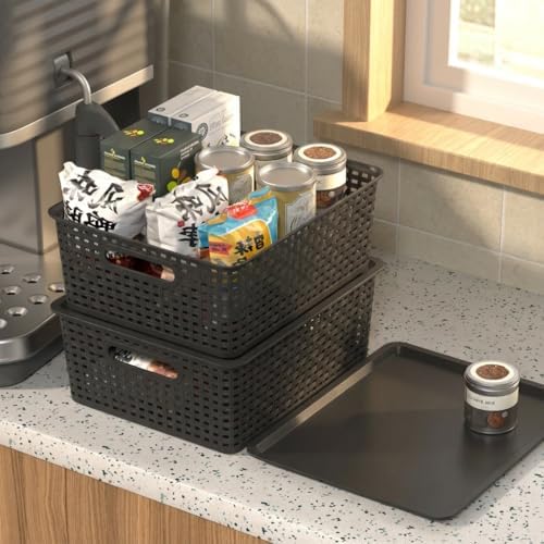 13 Quart Stackable Flat Plastic Storage Basket with Lid, 6 Packs