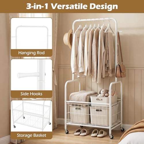 GIANTEX 35" Clothes Rack with Storage Basket,Heavy-Duty Clothing Rack wi...