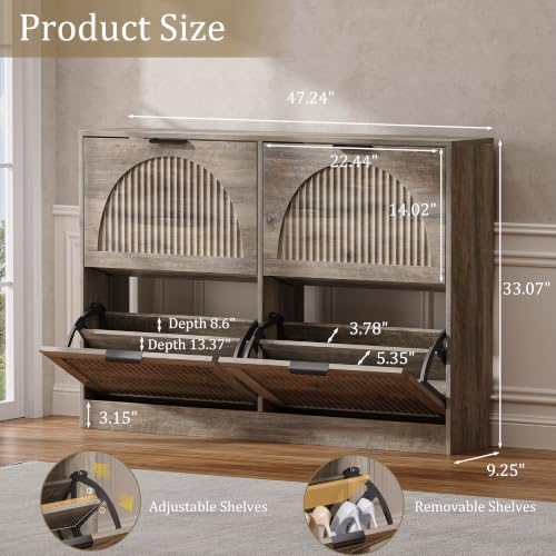 Fluted Shoe Storage Cabinet for Entryway, 4 Flip Drawers, Grey