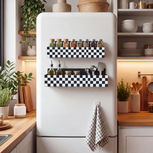 Beeveer 2 Pcs Magnetic Spice Rack for Refrigerator, Checkered | Black and White, Farmhouse Retro Kitchen Decor Accessories, 2 Sizes Metal Storage Shelf for Fridge Spices, No Drilling.