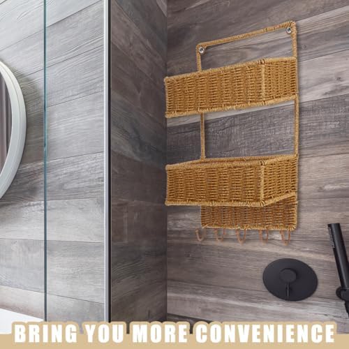 Angoily Woven Wall Mount 2-Tier Storage Sorter Basket with 5 Hooks Rattan Han...