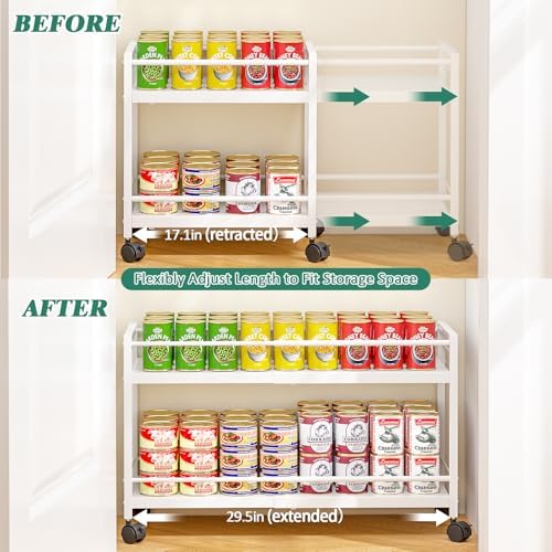 2-Tier Expandable Rolling Pantry Cart with Wheels, Adjustable Floor Organizer...