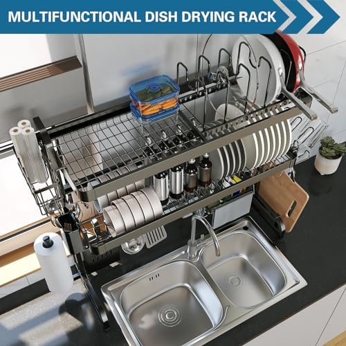 LIVOD Over The Sink Dish Drying Rack,3 Tier Adjustable Length Full Stainless ...