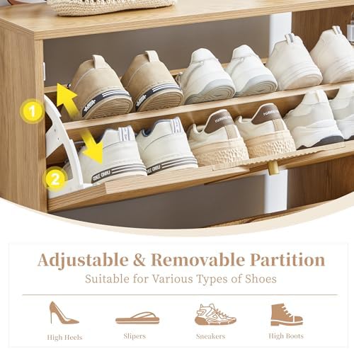 BERRYMERRY Natural Shoe Cabinet with 2 Flip Drawers Fluted Recessed