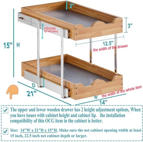 OCG Pull Out Drawers For Cabinets 14"W x 21"D, 2 Tier Heavy-Duty Sl...