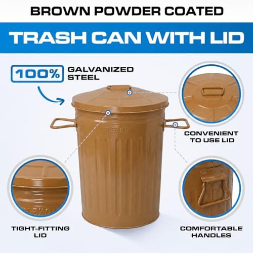 Plexon 2 Gallon Small Metal Trash Can with Lid Bathroom Garbage Can with Lid Bathroom Trash Can for Bedroom Office Kitchen Indoor Waste Basket, Round Powder Coated Brown