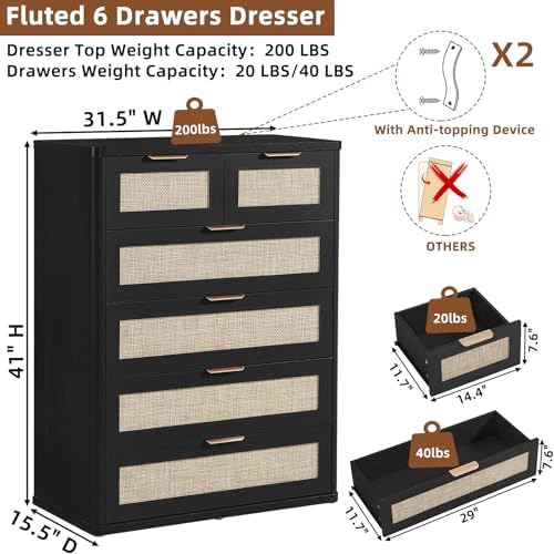 LEYAOYAO Rattan Dresser for Bedroom, 41" Tall Chest of Drawers