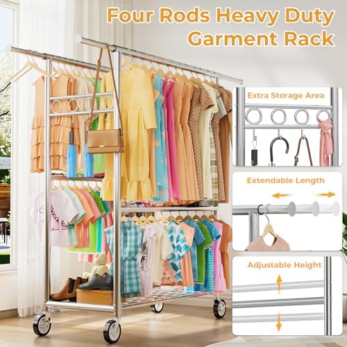 Heavy Duty Clothes Rack Load 1060LBS, Four Rods Rolling Clothing Racks for Ha...