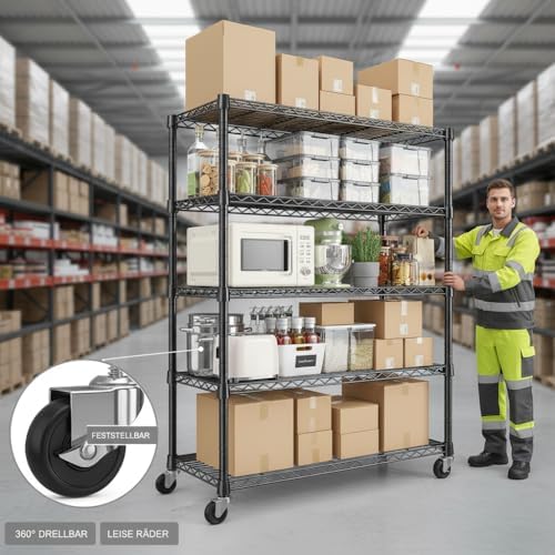 REIBII 1984LBS Heavy Duty Wire Shelving Unit with Wheels, 75.2" H Storag...