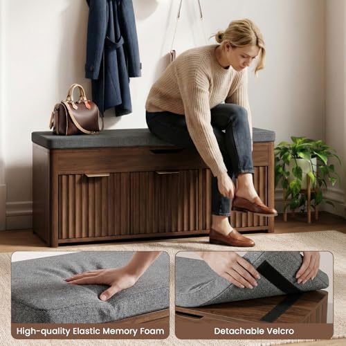 37.4" W Shoe Bench with Storage, Lift Top Entryway Bench, Walnut