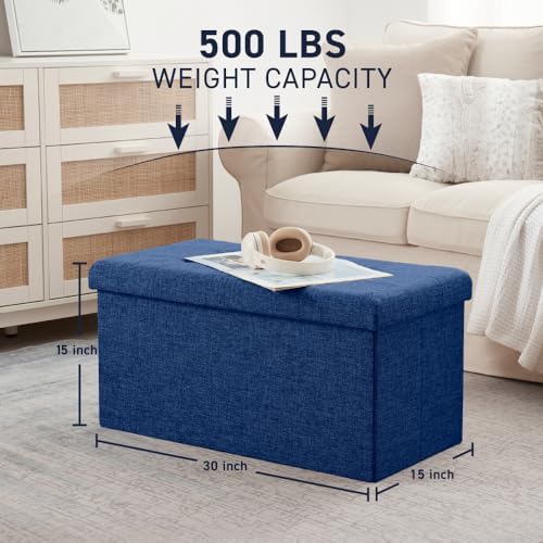 Ornavo Home 30 Inch Folding Storage Ottoman Bench, Tufted Linen, Navy Blue