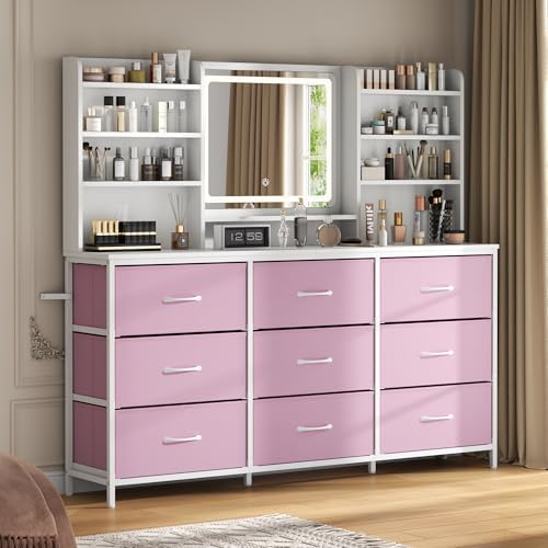 9 Drawers Dresser with LED Mirror for Bedroom, 59" W Chest of Drawers
