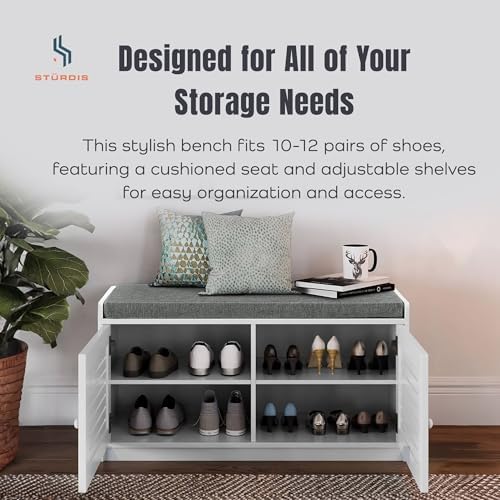 Sturdis - Shoe Storage Bench - Adjustable Shelves & Cushion Seat, White